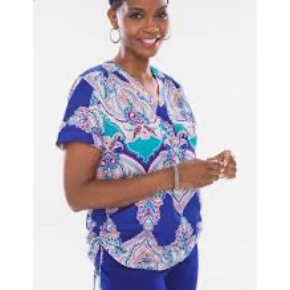 Chico's Cool Blue Printed‎ Side Cinch Short Sleeve Tee Womens Size Petite XL 3P